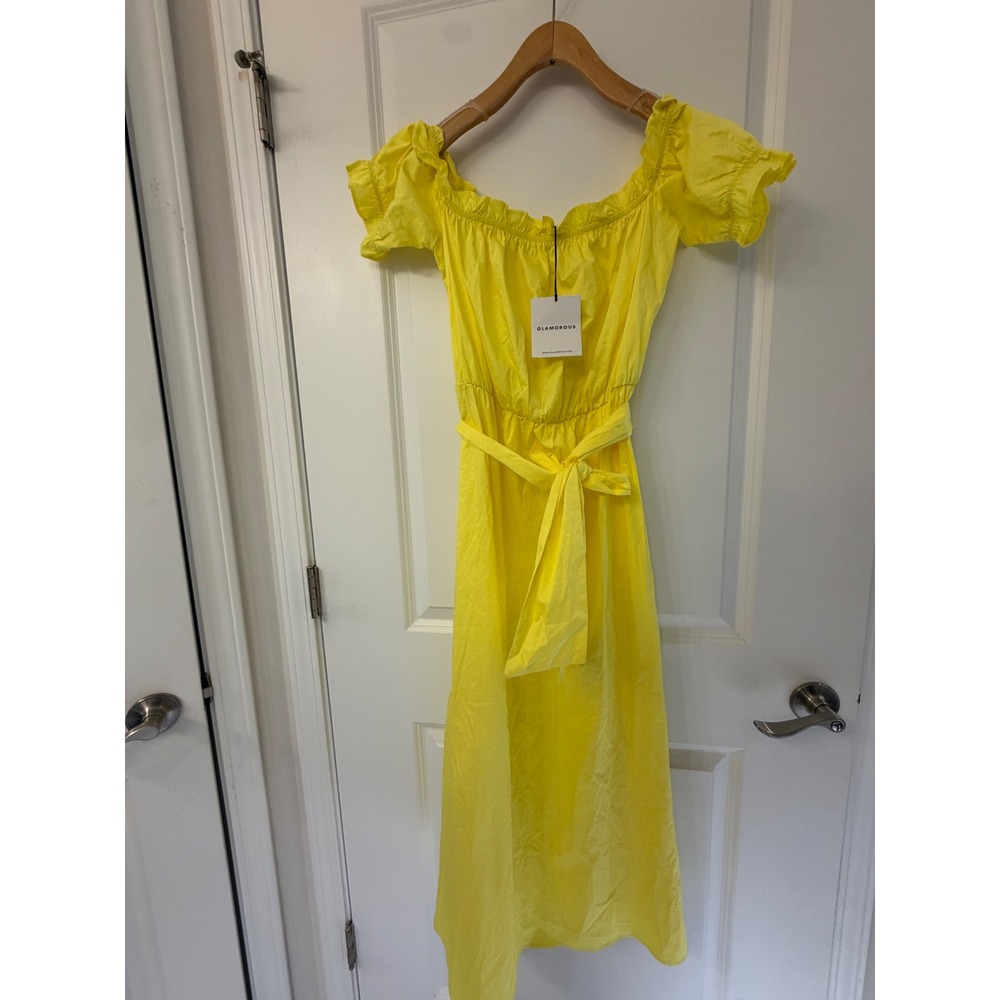 Glamorous Yellow Off Shoulder Cotton Midi Dress with Tie Belt Size 8 NWT